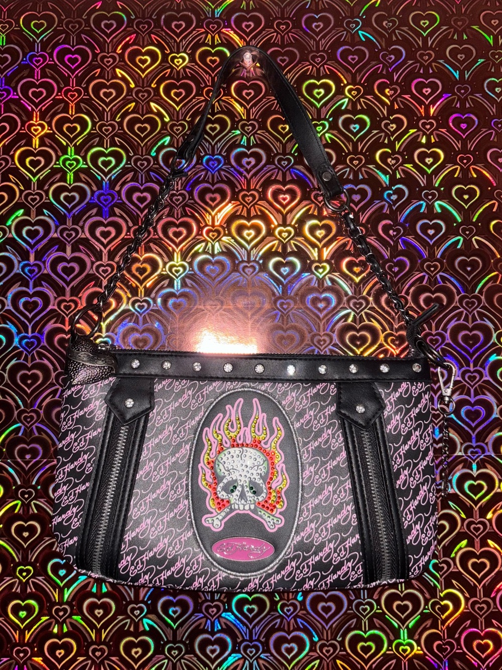 Ed Hardy Pink and Black Flame Skull Shoulder Bag